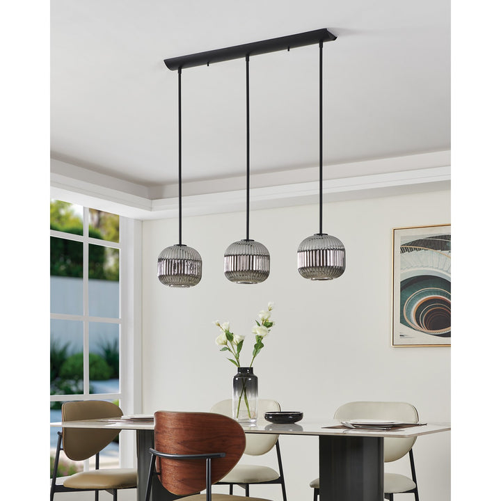 3 Light Linear Pendant W/ Black Finish & Chrome Smoked Glass Shades