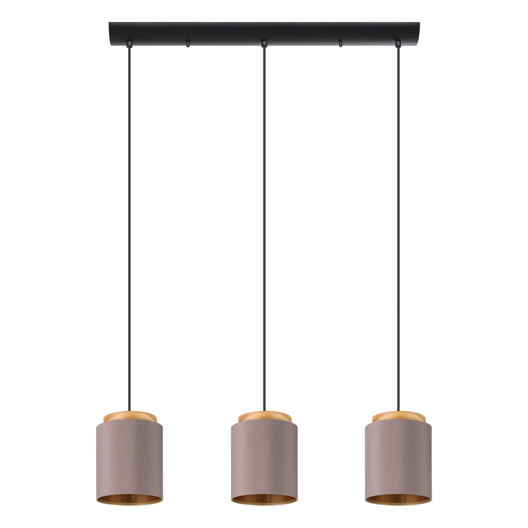 3 Light Linear Pendant W/ Black Finish & Cappucino & Gold Shades W/ Wood Accent by Eglo