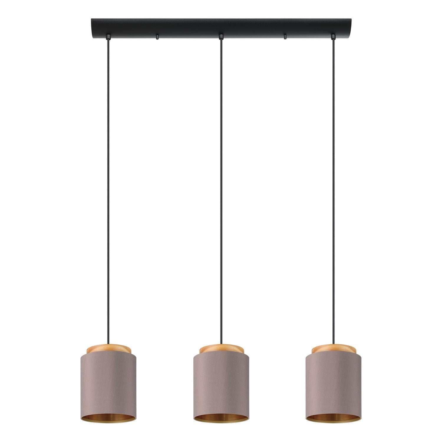 3 Light Linear Pendant W/ Black Finish & Cappucino & Gold Shades W/ Wood Accent by Eglo