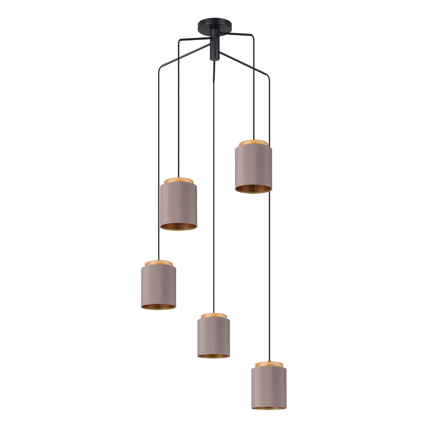 5 Light Cascade Pendant W/ Black Finish & Cappucino & Gold Shades W/ Wood Accent by Eglo