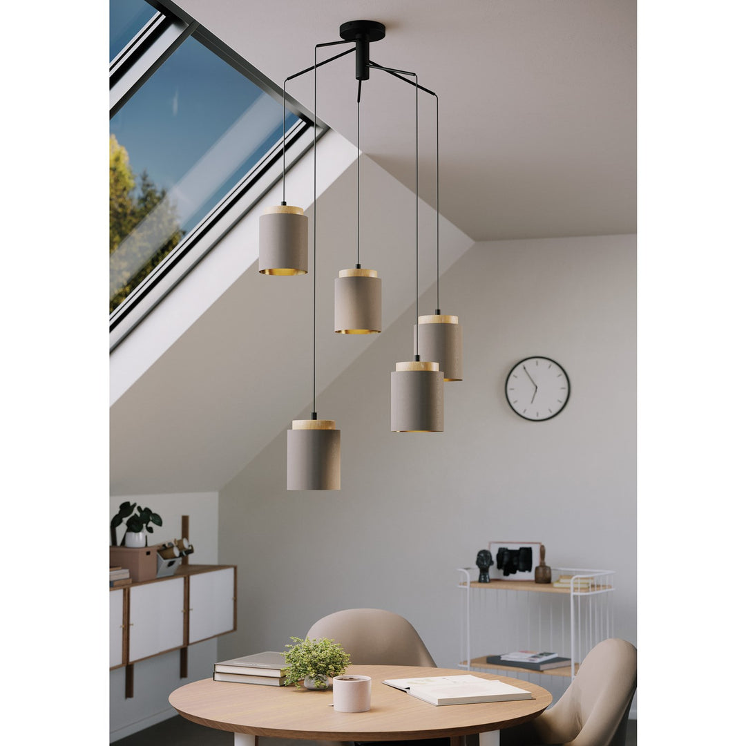 5 Light Cascade Pendant W/ Black Finish & Cappucino & Gold Shades W/ Wood Accent