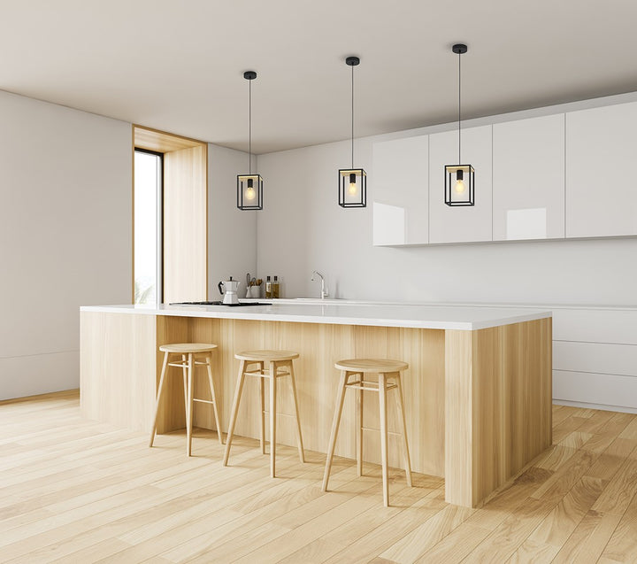 1 Light Open Frame Pendant W/ Structured Black & Wood Finish