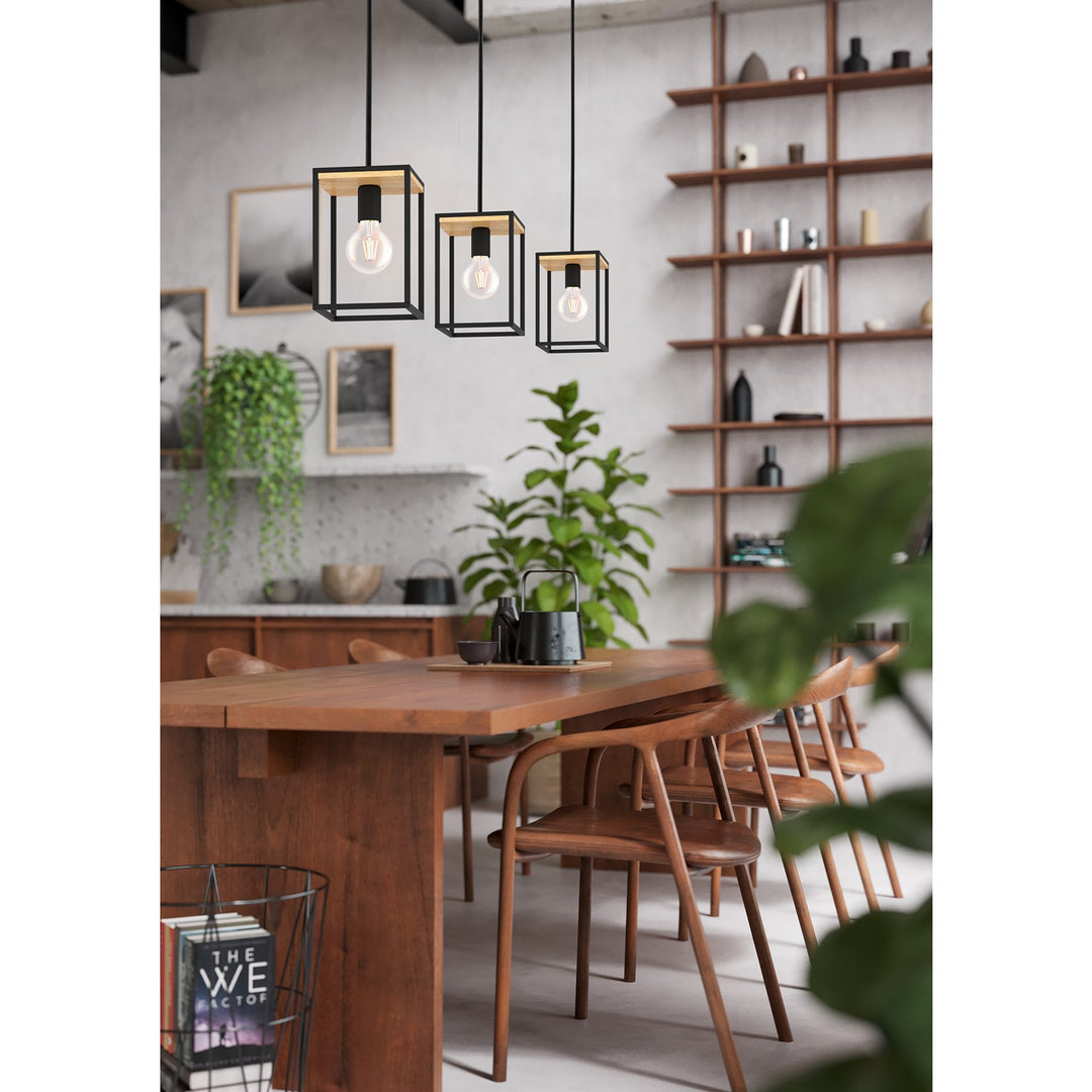 3 Light Open Frame Linear Pendant W/ A Structured Black & Wood Finish