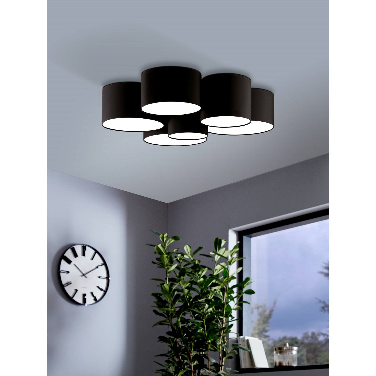 6 Light Ceiling Light W/ Black Finish & Black W/ White Interior Shades