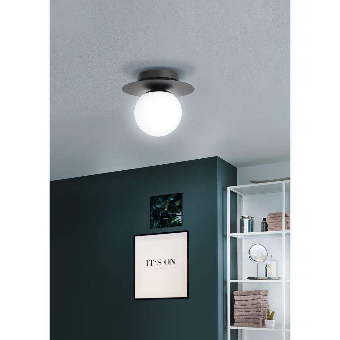 1 Light Ceiling Light W/ Structured Black Finish & White Glass Shade