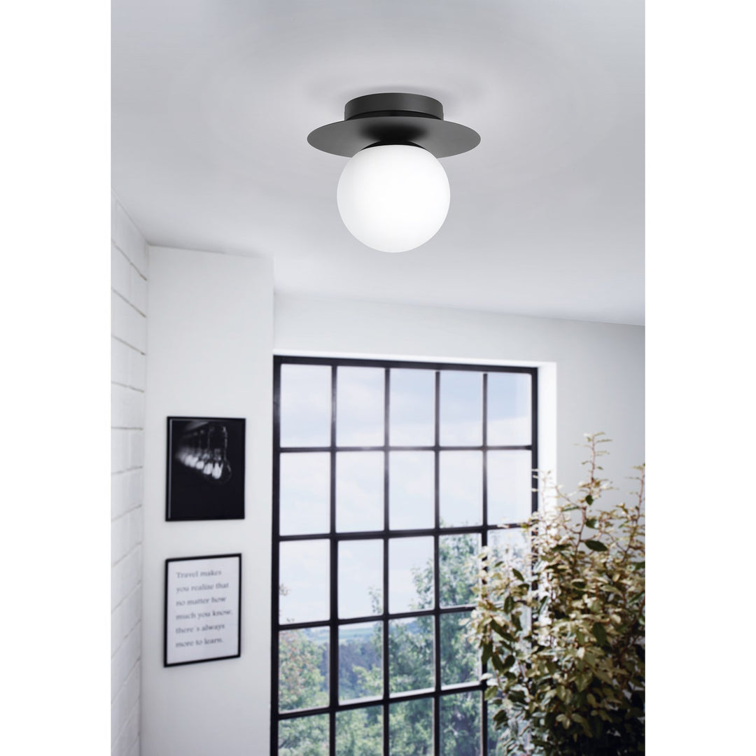 1 Light Ceiling Light W/ Structured Black Finish & White Glass Shade
