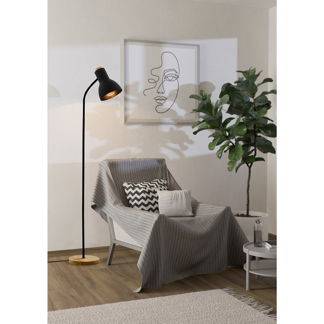 1 Light Floor Lamp Black W/ Wood Accents & Black Metal Shade