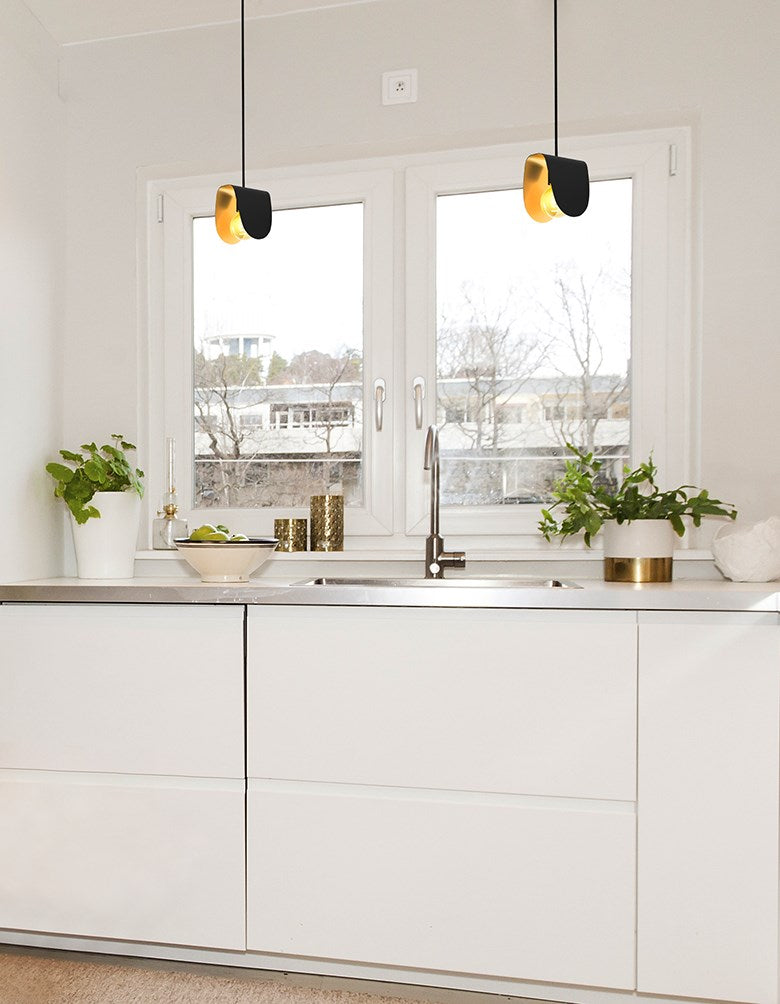 1 Light Mini Pendant W/ Black Finish & Black W/ Brushed Gold Interior Shades