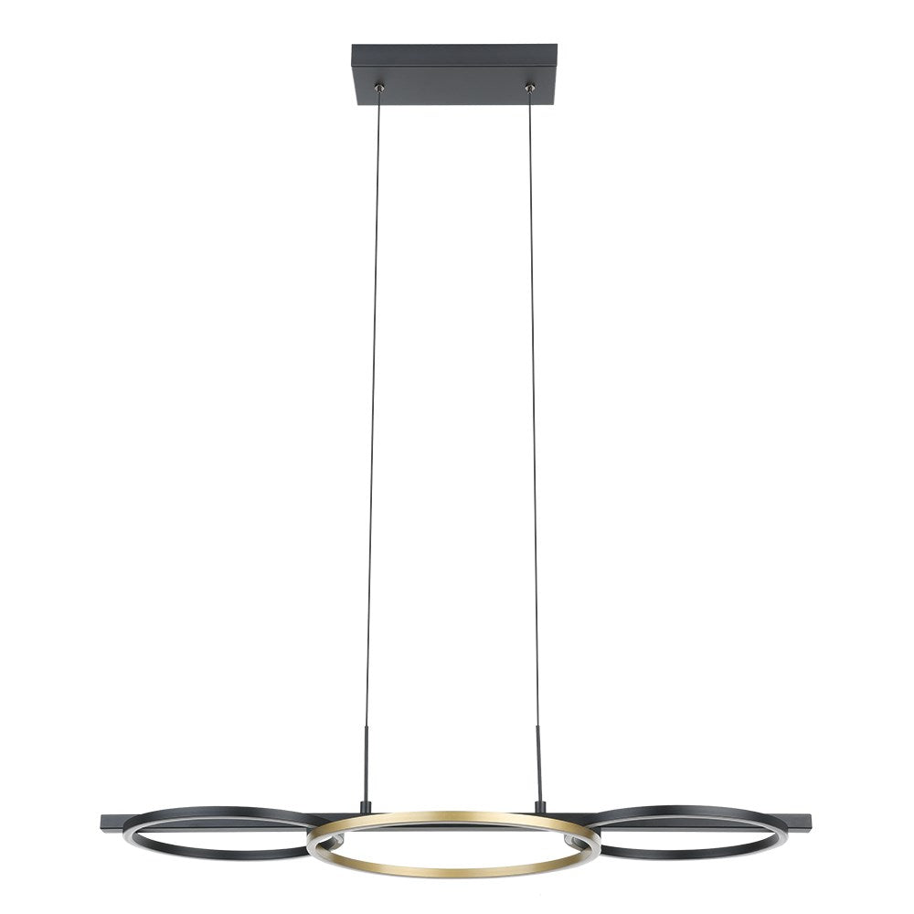 3 Light Integrated Led Pendant W/ Black Finish & 3 Circular Gold Rings by Eglo