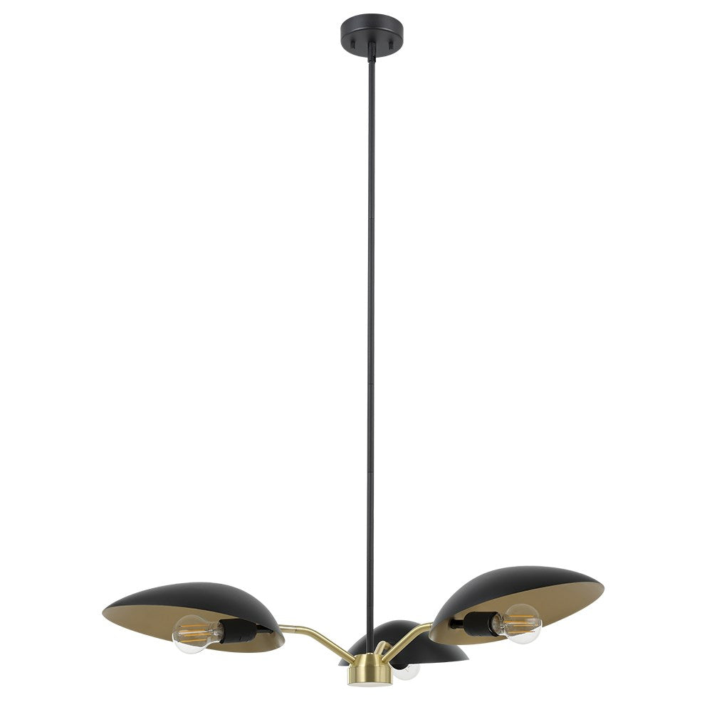3 Light Chandelier Black Finish W/ Brushed Brass Accents & Black Metal Shades by Eglo