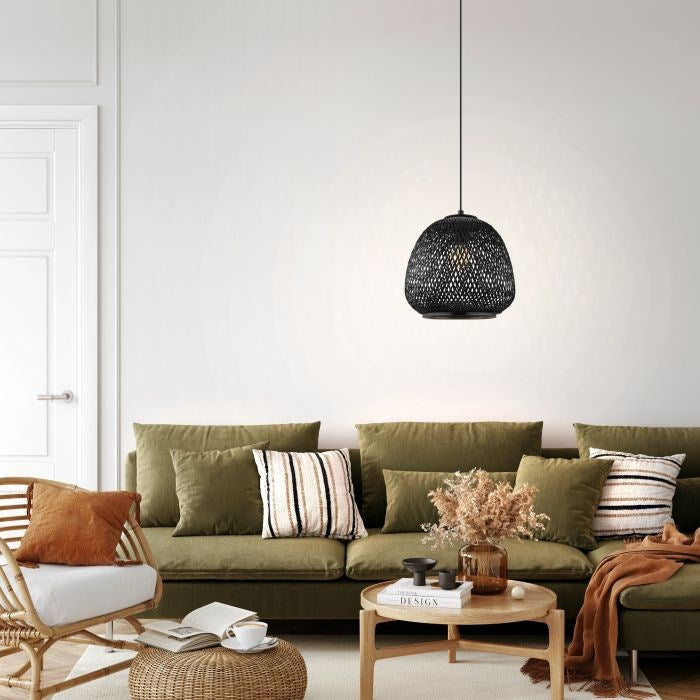 3 Light Pendant W/ Black Finish & Black Bamboo Shade