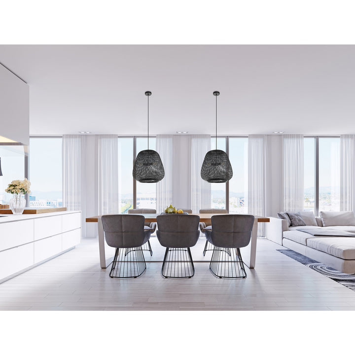 3 Light Pendant W/ Black Finish & Black Bamboo Shade