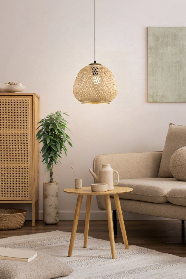 1 Light Pendant W/ Black Finish & Natural Bamboo Shade