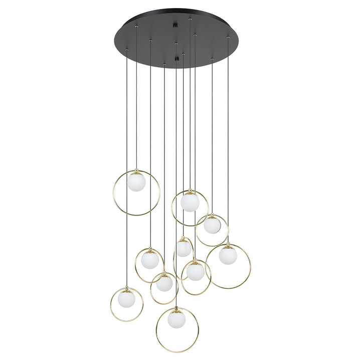 10 Light Integrated Led Cascade Pendant W/ Black & Shiny Brass Finish
