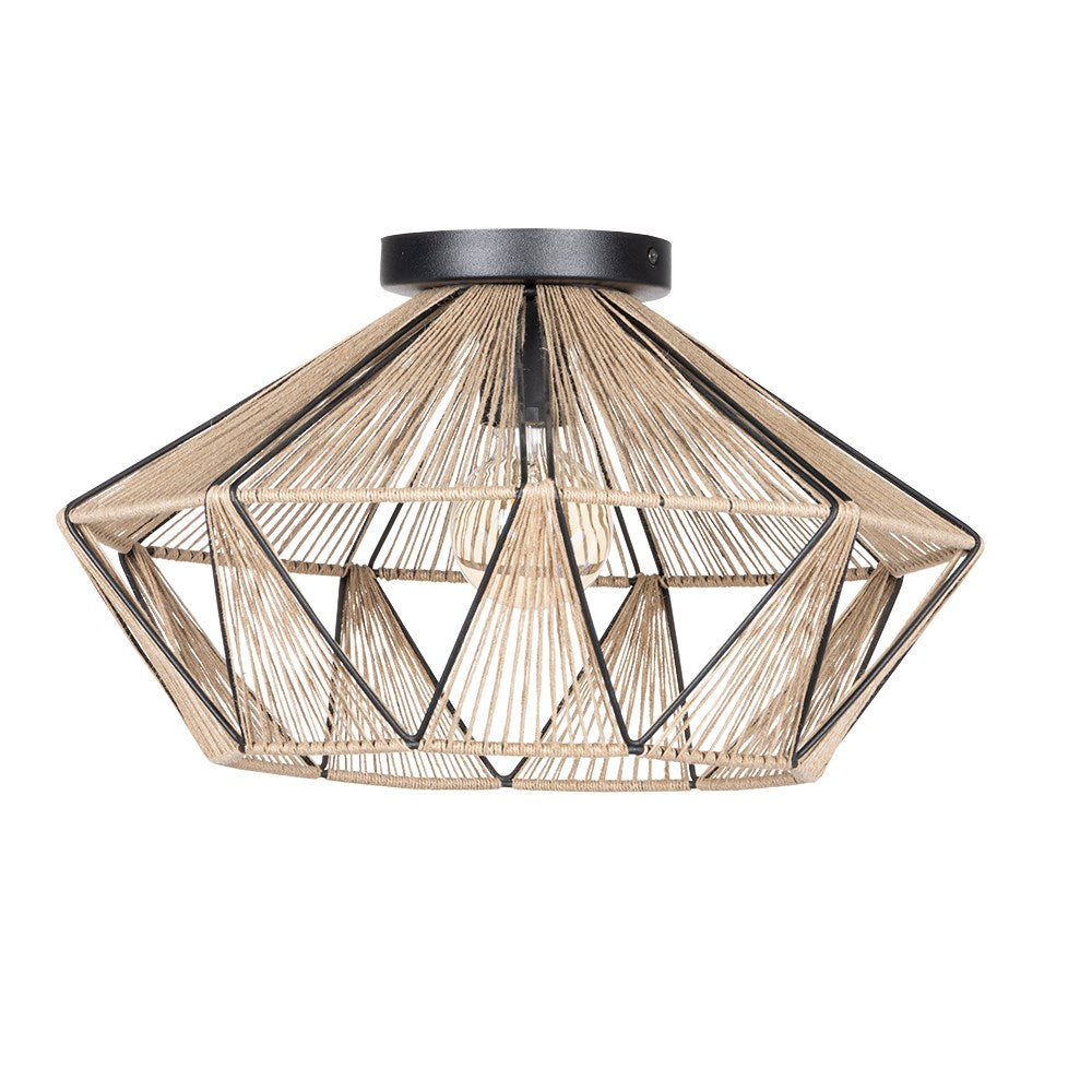 1 Light Dual Mount Ceiling Or Pendant Black Finish & Natural Fabric Shade