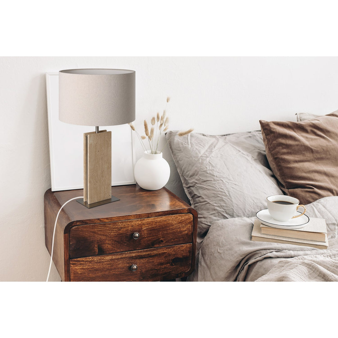 1 Light Table Lamp W/ Stone Traveltine Base And Natural Linen Shade