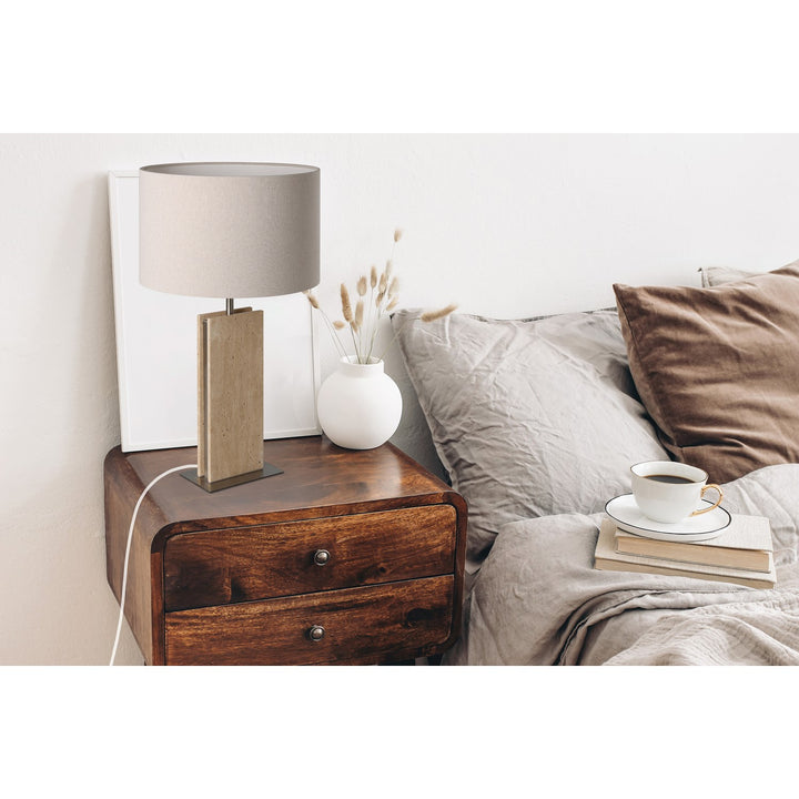 1 Light Table Lamp W/ Stone Traveltine Base And Natural Linen Shade