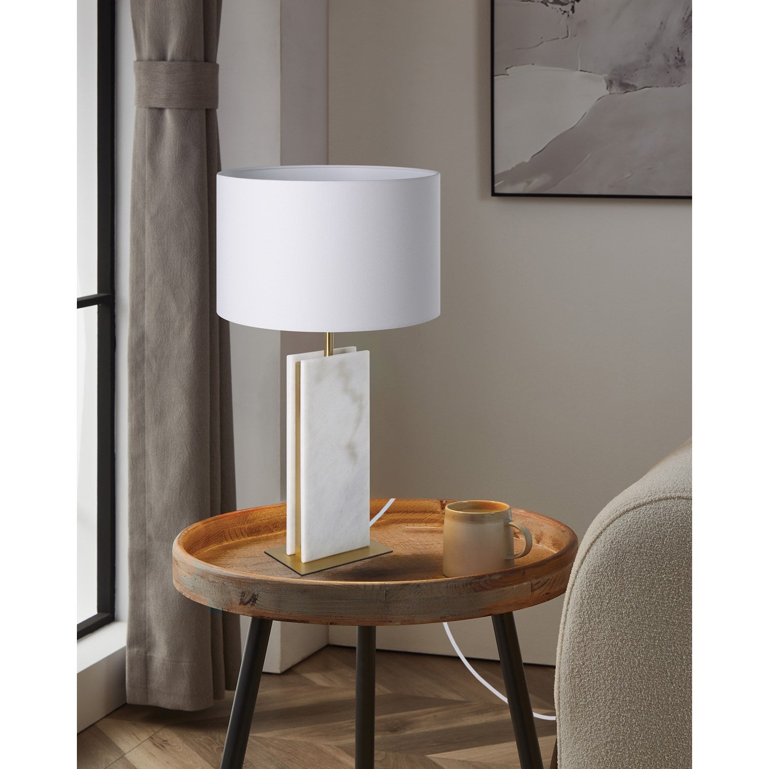 1 Light Table Lamp W/ Stone Marble Base And White Shade