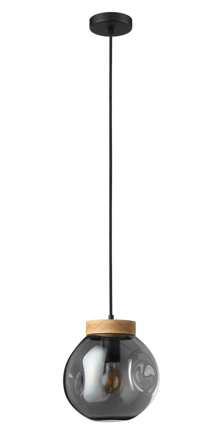 1 Light Pendant Black W/ Wood Accent Finish & Chrome Smoked Glass Shade by Eglo