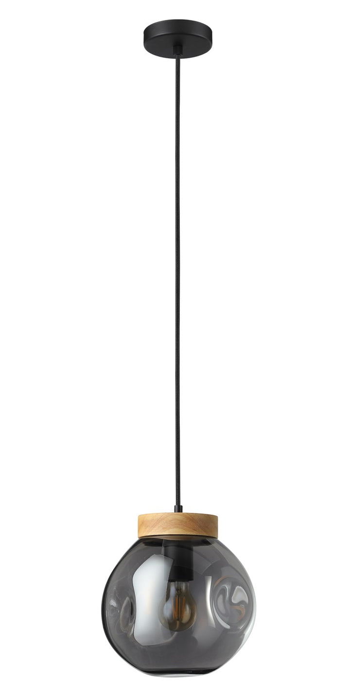 1 Light Pendant Black W/ Wood Accent Finish & Chrome Smoked Glass Shade by Eglo