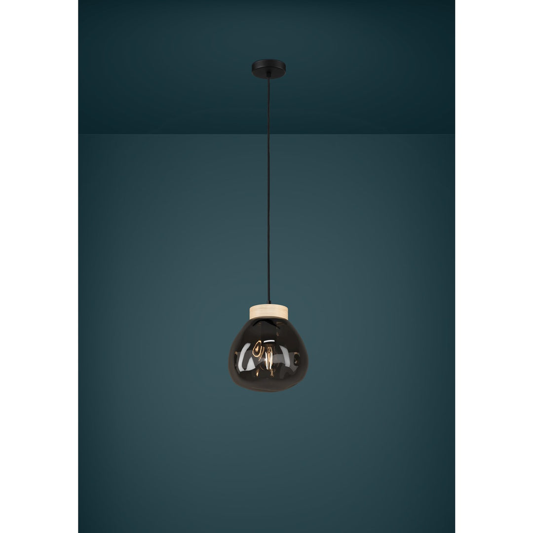 1 Light Pendant Black W/ Wood Accent Finish & Chrome Smoked Glass Shade