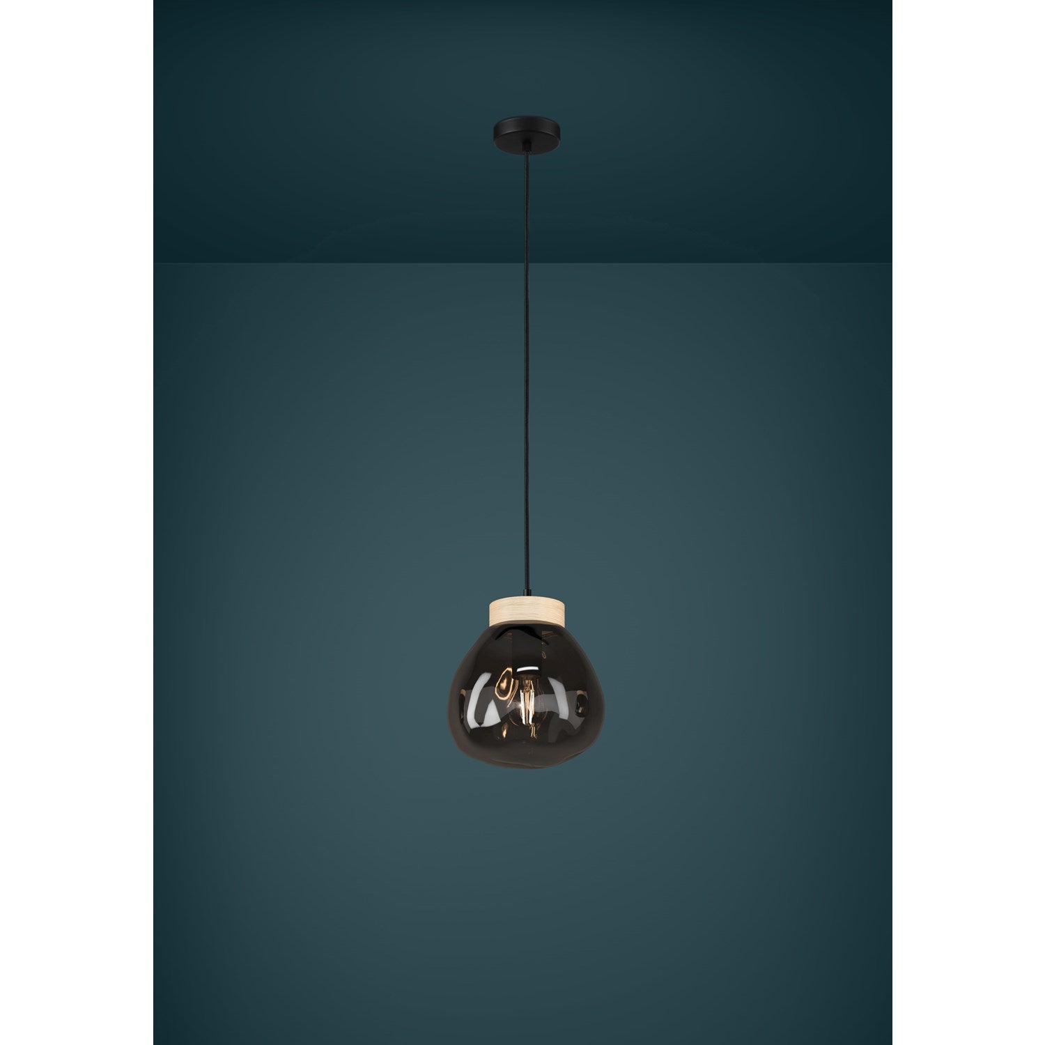 1 Light Pendant Black W/ Wood Accent Finish & Chrome Smoked Glass Shade