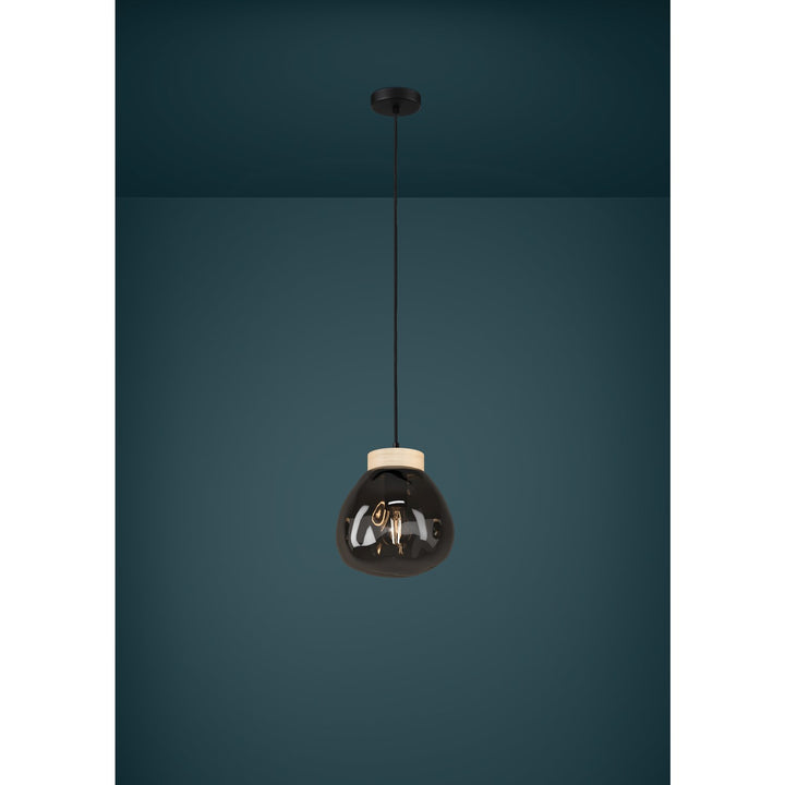 1 Light Pendant Black W/ Wood Accent Finish & Chrome Smoked Glass Shade