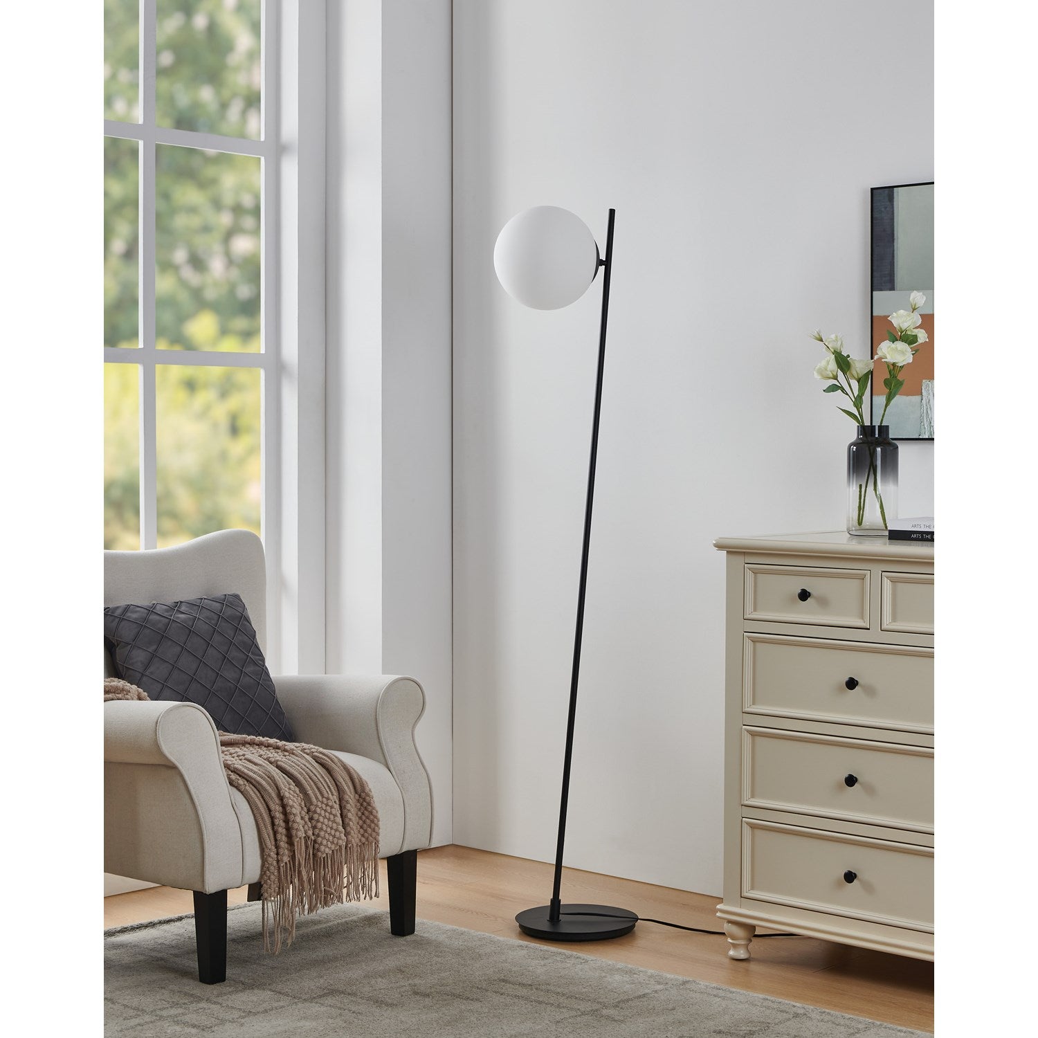 1 Light Floor Lamp W/ Black Finish & White Glass Sphere Shade