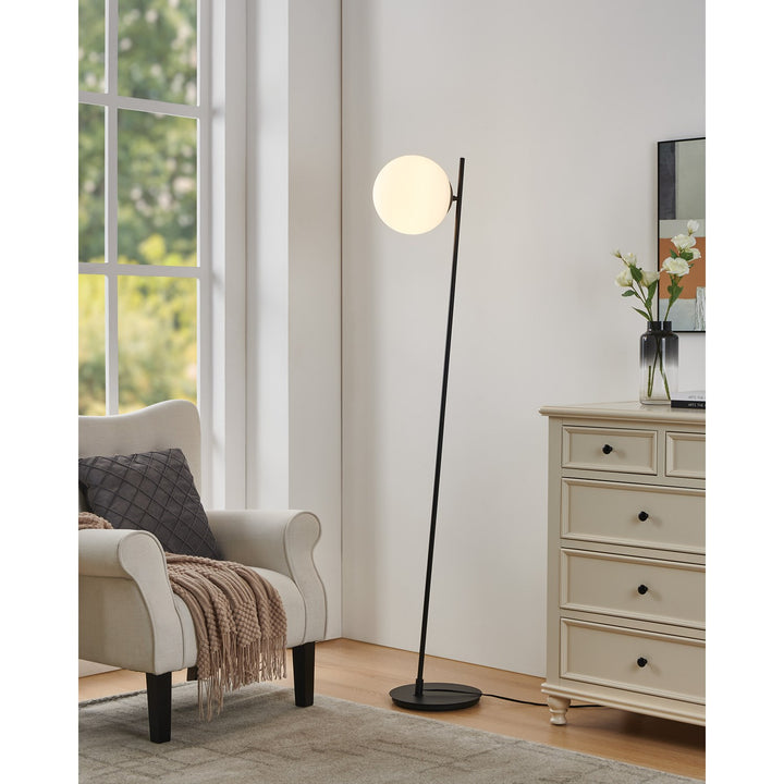 1 Light Floor Lamp W/ Black Finish & White Glass Sphere Shade