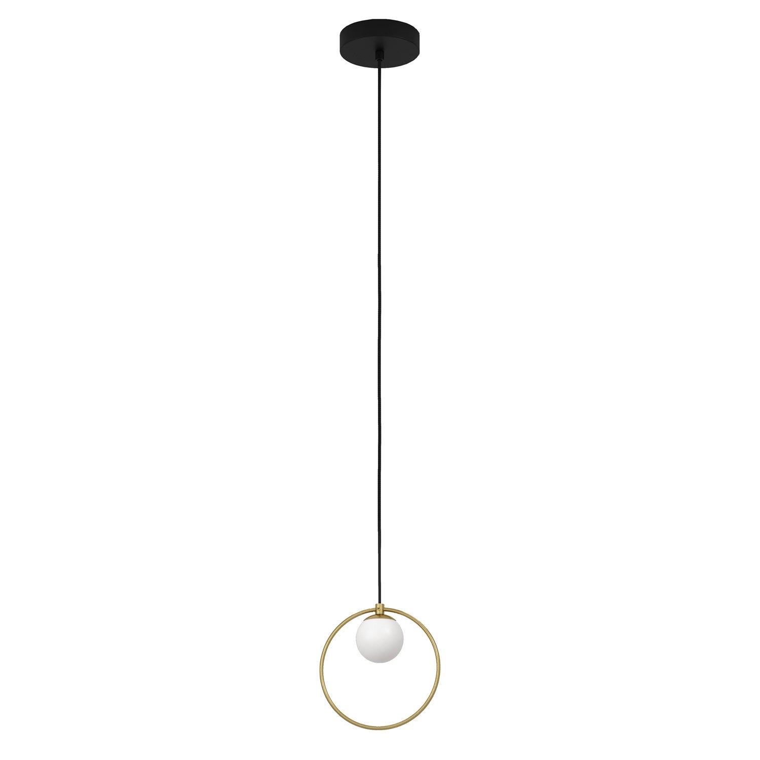 1 Light Led Mini Pendant W/ Black & Shiny Brass Finish & White Sphere Shade by Eglo