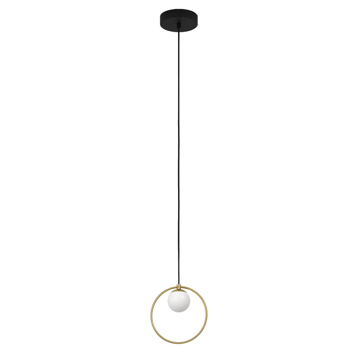 1 Light Led Mini Pendant W/ Black & Shiny Brass Finish & White Sphere Shade by Eglo