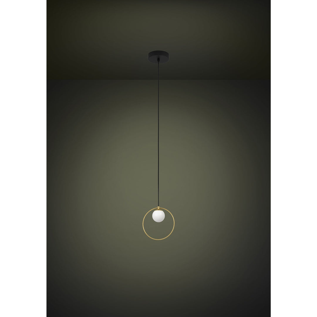 1 Light Led Mini Pendant W/ Black & Shiny Brass Finish & White Sphere Shade