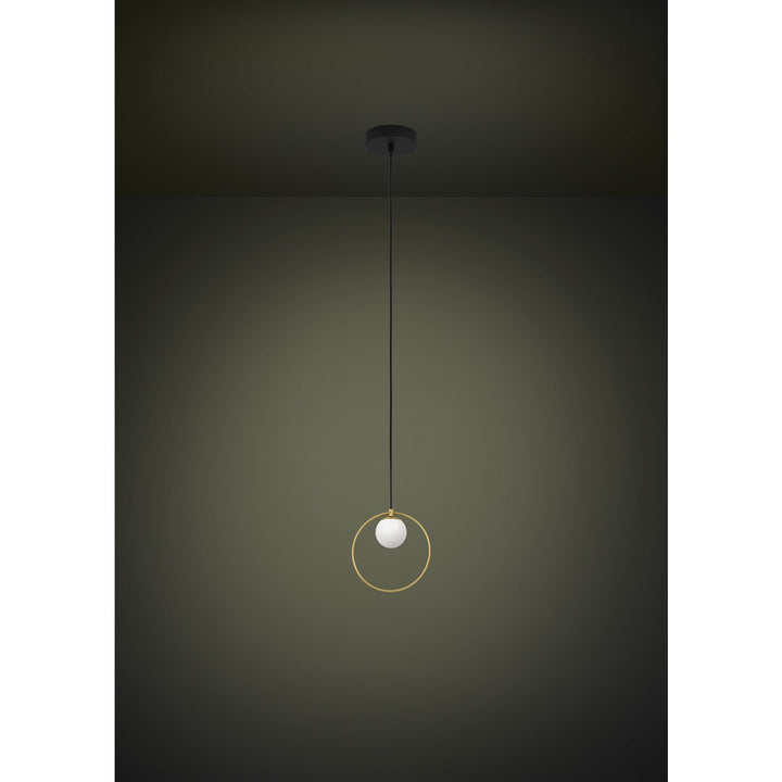 1 Light Led Mini Pendant W/ Black & Shiny Brass Finish & White Sphere Shade