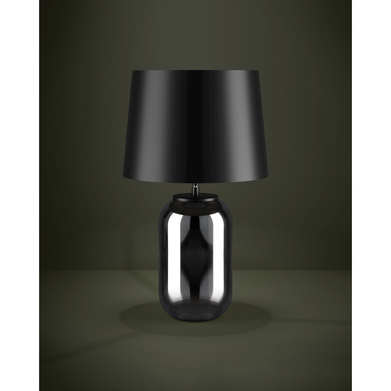 1 Light Table Lamp W/ Chrome Smoked Glass Base & Black Metal Shade