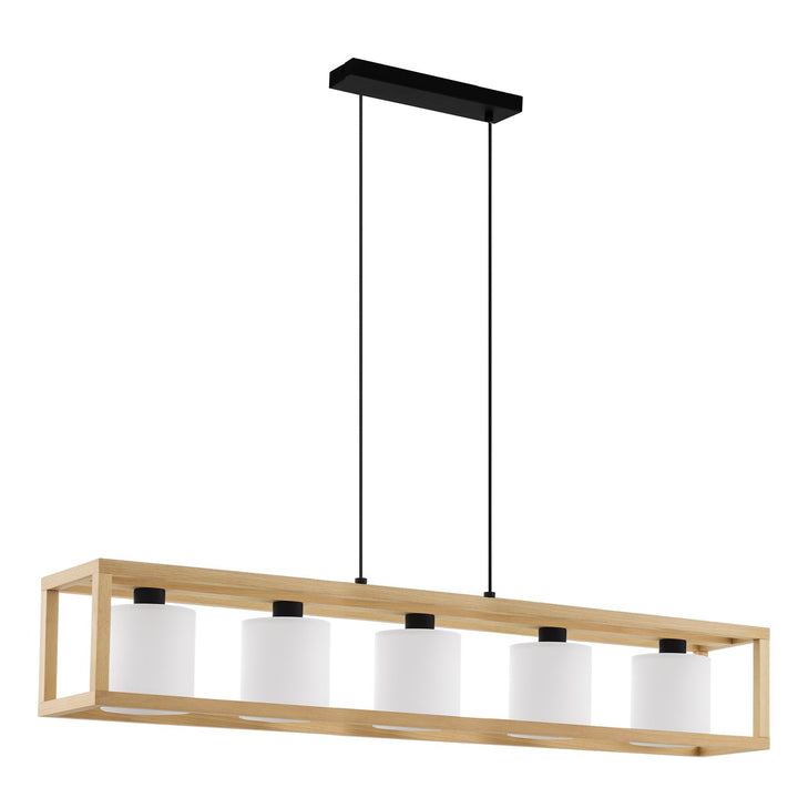 5 Light Linear Pendant W/ Natural Wood Open Frame & White Fabric Shades by Eglo