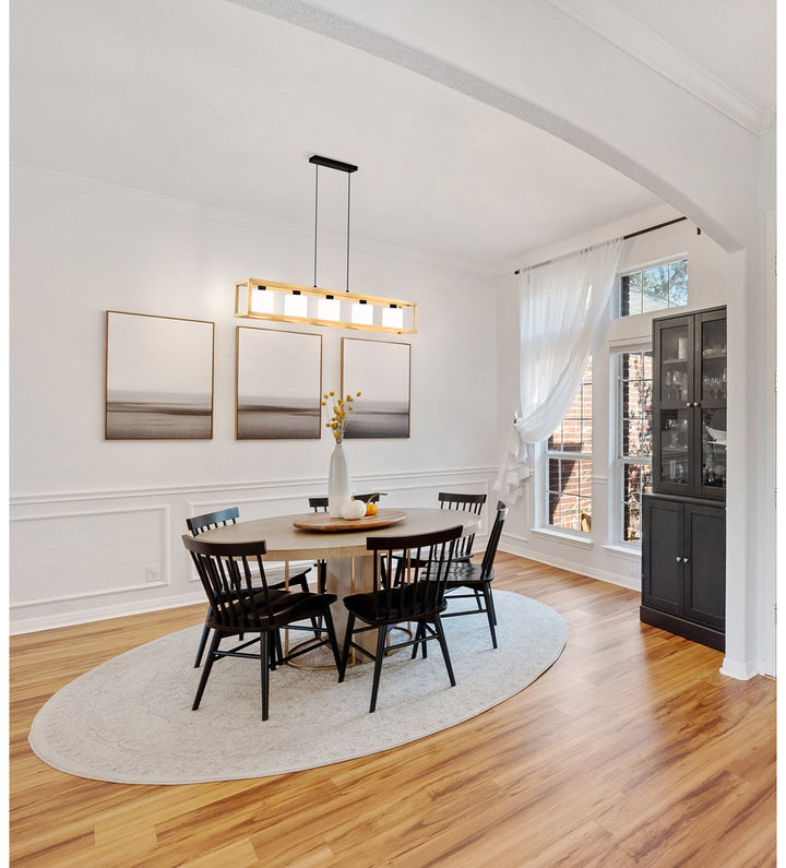 5 Light Linear Pendant W/ Natural Wood Open Frame & White Fabric Shades