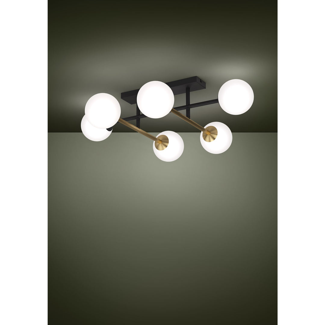 6 Light Ceiling Light W/ Black & Brushed Gold Finish & White Shpere Glass Shades