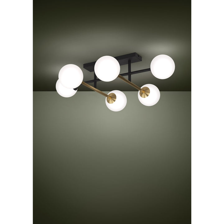 6 Light Ceiling Light W/ Black & Brushed Gold Finish & White Shpere Glass Shades