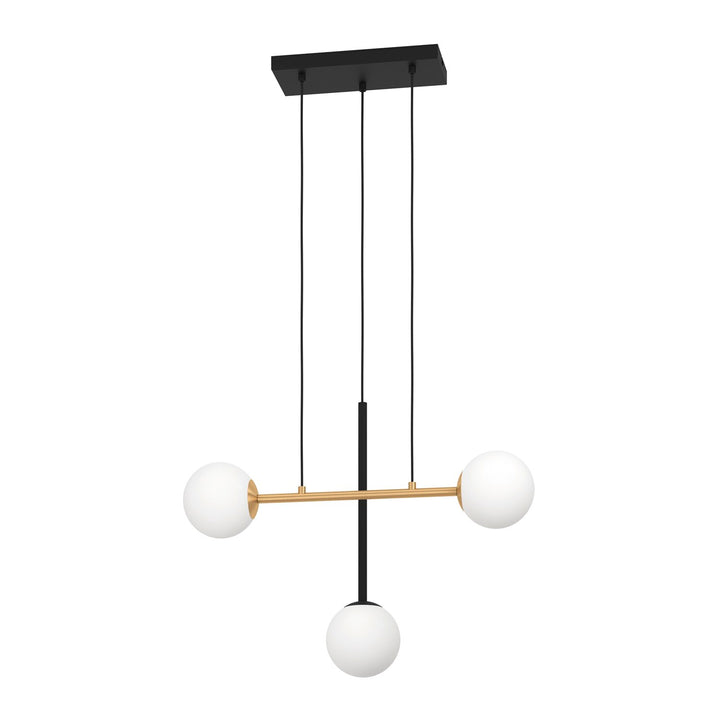 3 Light Pendant W/ Black & Brushed Gold Finish & White Sphere Glass Shades by Eglo