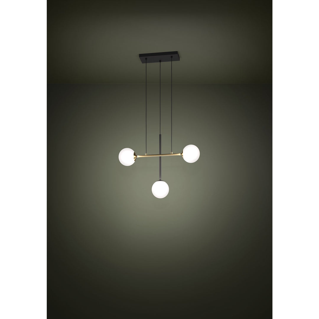 3 Light Pendant W/ Black & Brushed Gold Finish & White Sphere Glass Shades