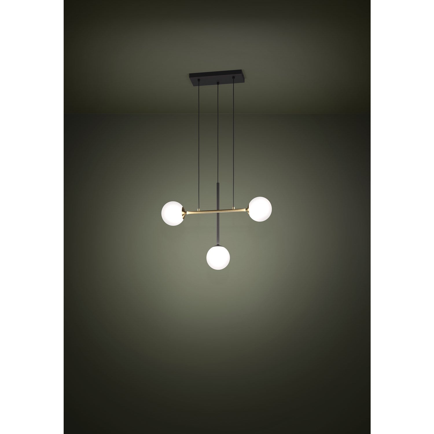3 Light Pendant W/ Black & Brushed Gold Finish & White Sphere Glass Shades