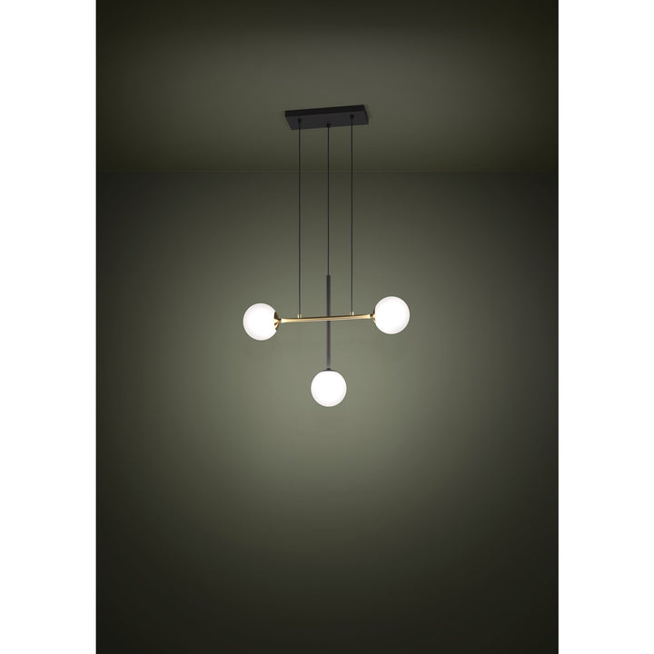 3 Light Pendant W/ Black & Brushed Gold Finish & White Sphere Glass Shades