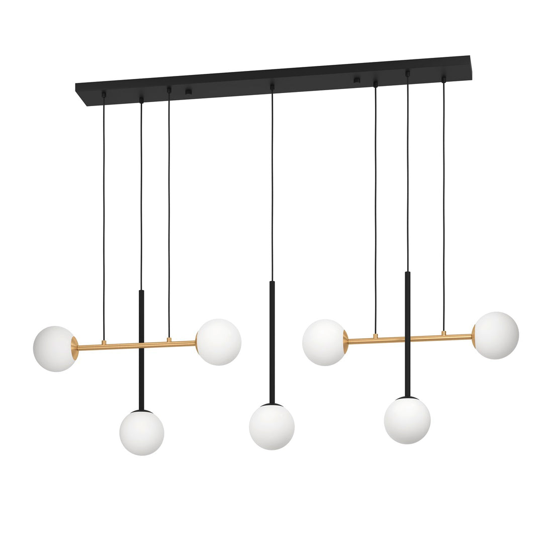 7 Light Pendant W/ Black & Brushed Gold Finish & White Sphere Glass Shades by Eglo