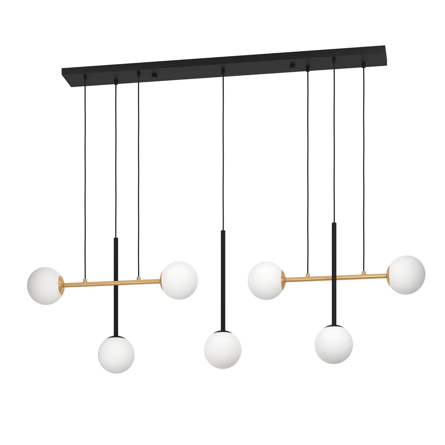 7 Light Pendant W/ Black & Brushed Gold Finish & White Sphere Glass Shades by Eglo