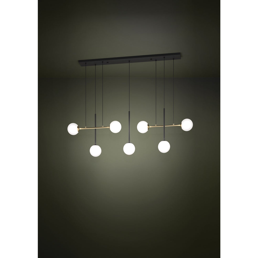 7 Light Pendant W/ Black & Brushed Gold Finish & White Sphere Glass Shades