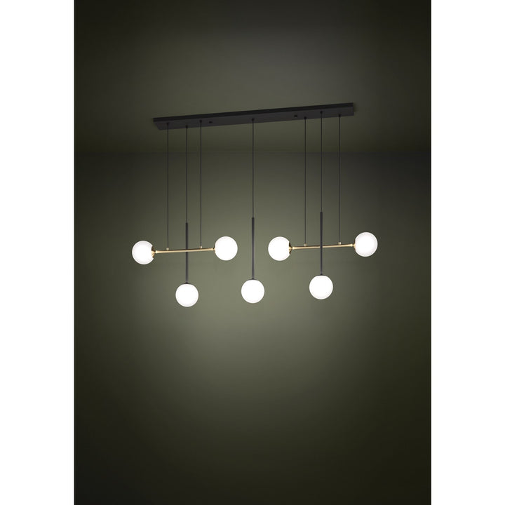 7 Light Pendant W/ Black & Brushed Gold Finish & White Sphere Glass Shades