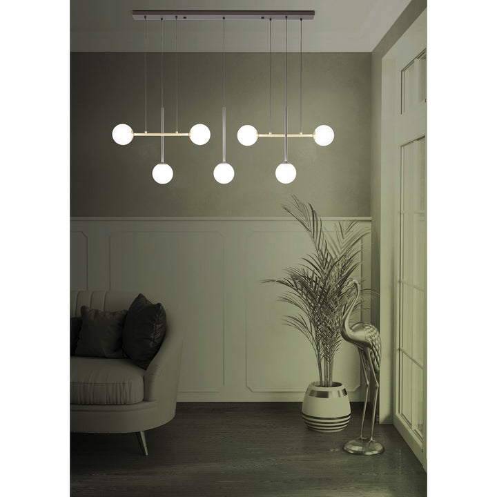 7 Light Pendant W/ Black & Brushed Gold Finish & White Sphere Glass Shades
