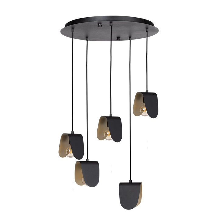 5 Light Cascade Pendant Black Finish & Black W/ Brushed Gold Interior Shades by Eglo