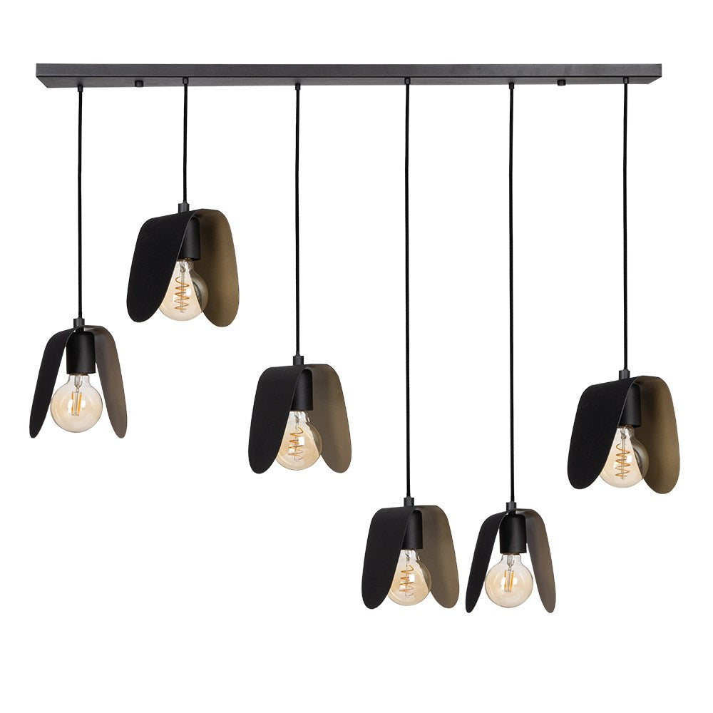6 Light Linear Pendant W/ Black Finish & Black W/ Brushed Gold Interior Shades by Eglo