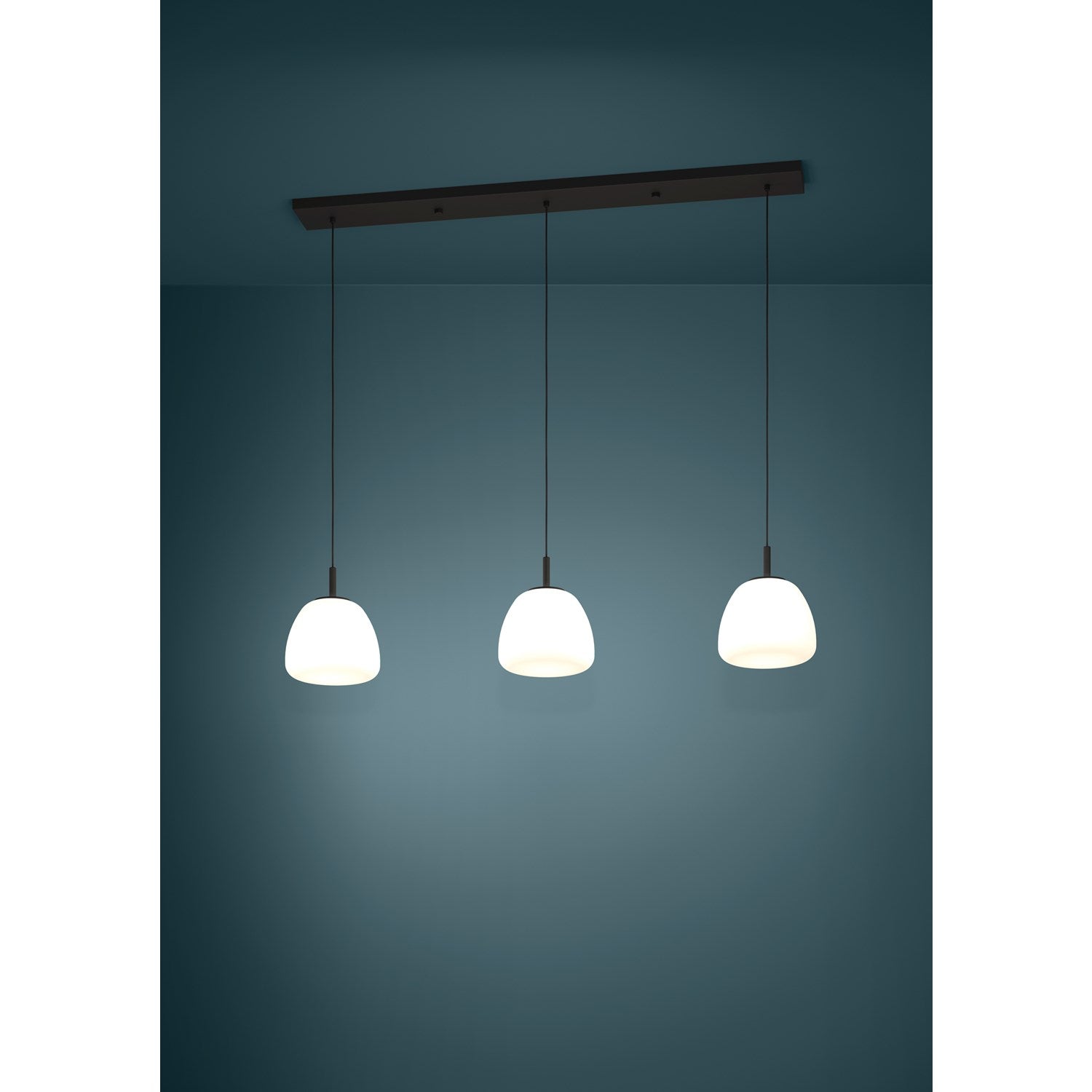 3 Light Linear Pendant W/ Black Finish & White Opal Glass Shades